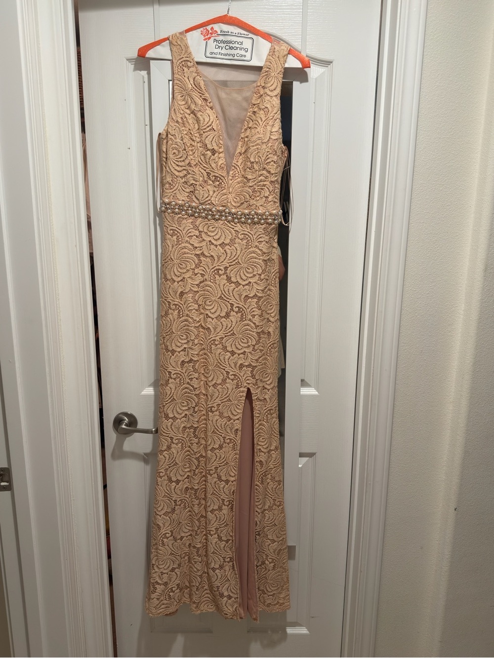City Studio Champagne Lace V‑Neck Prom Dress with Beaded Waist